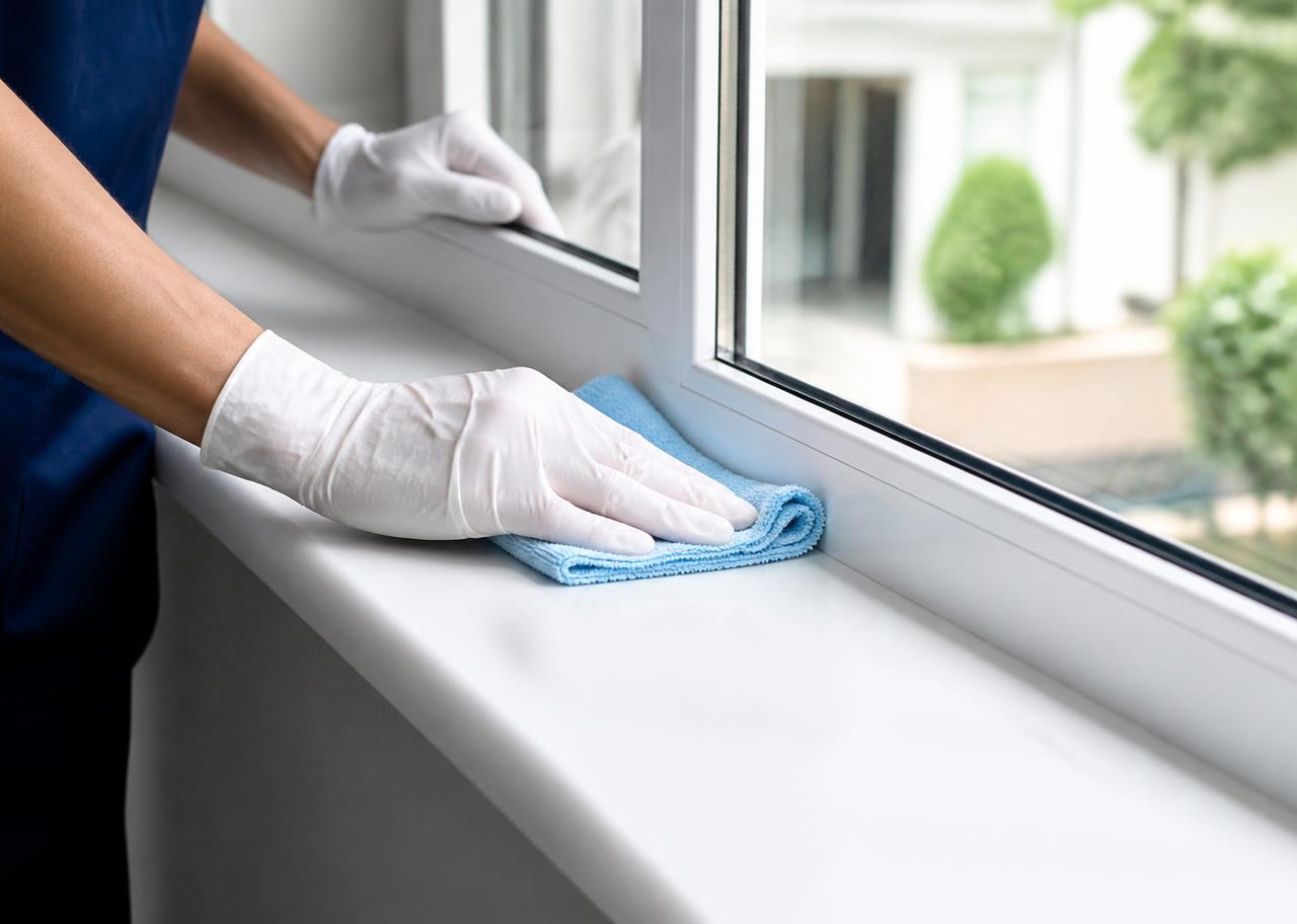 Gloved hands wiping a white window sill and frame with a microfiber cloth