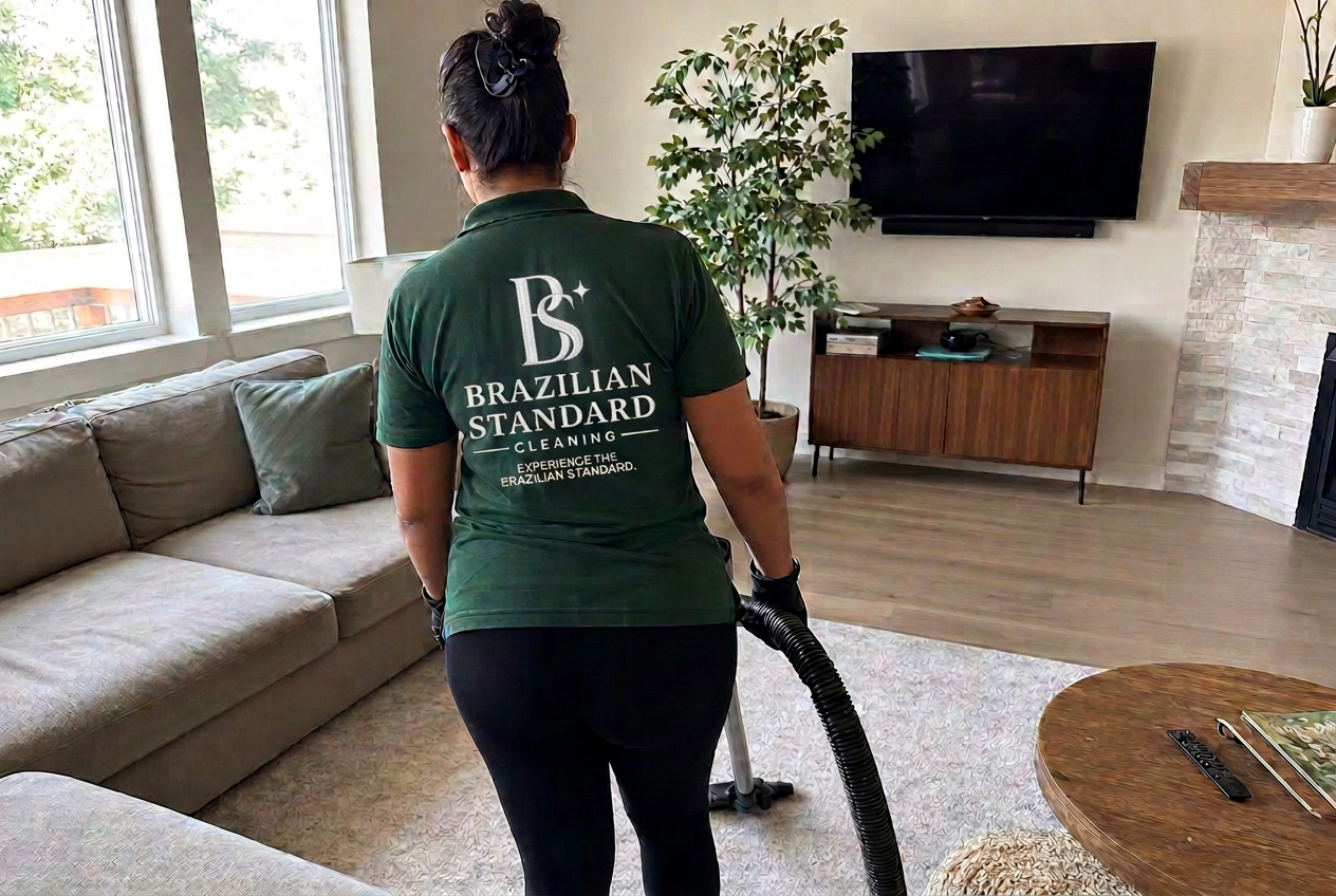 Brazilian Standard Cleaning professional vacuuming a spotless modern Colorado living room